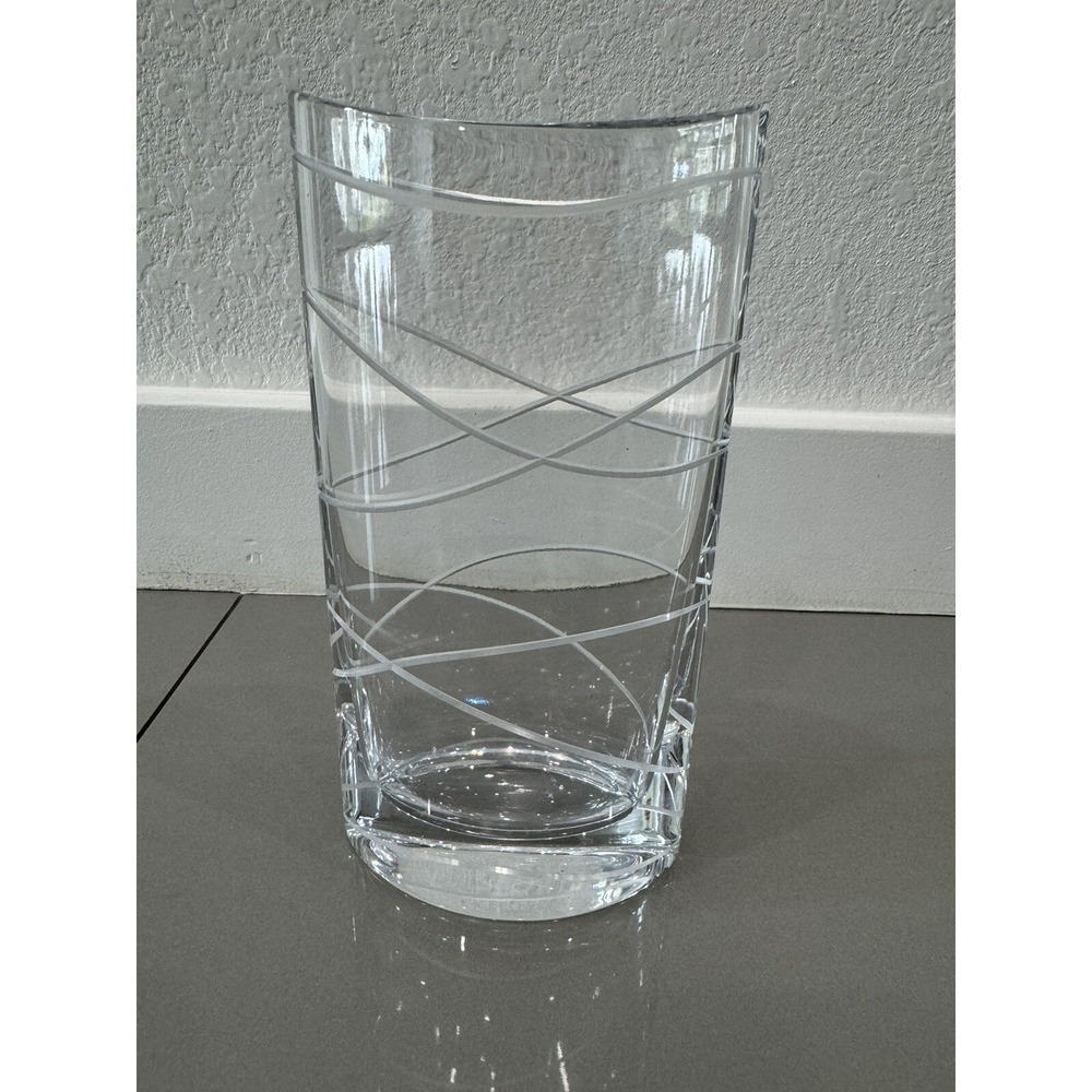 Nambe Marked Heavy Etched Swirl Clear Glass 7.5 i n Vase